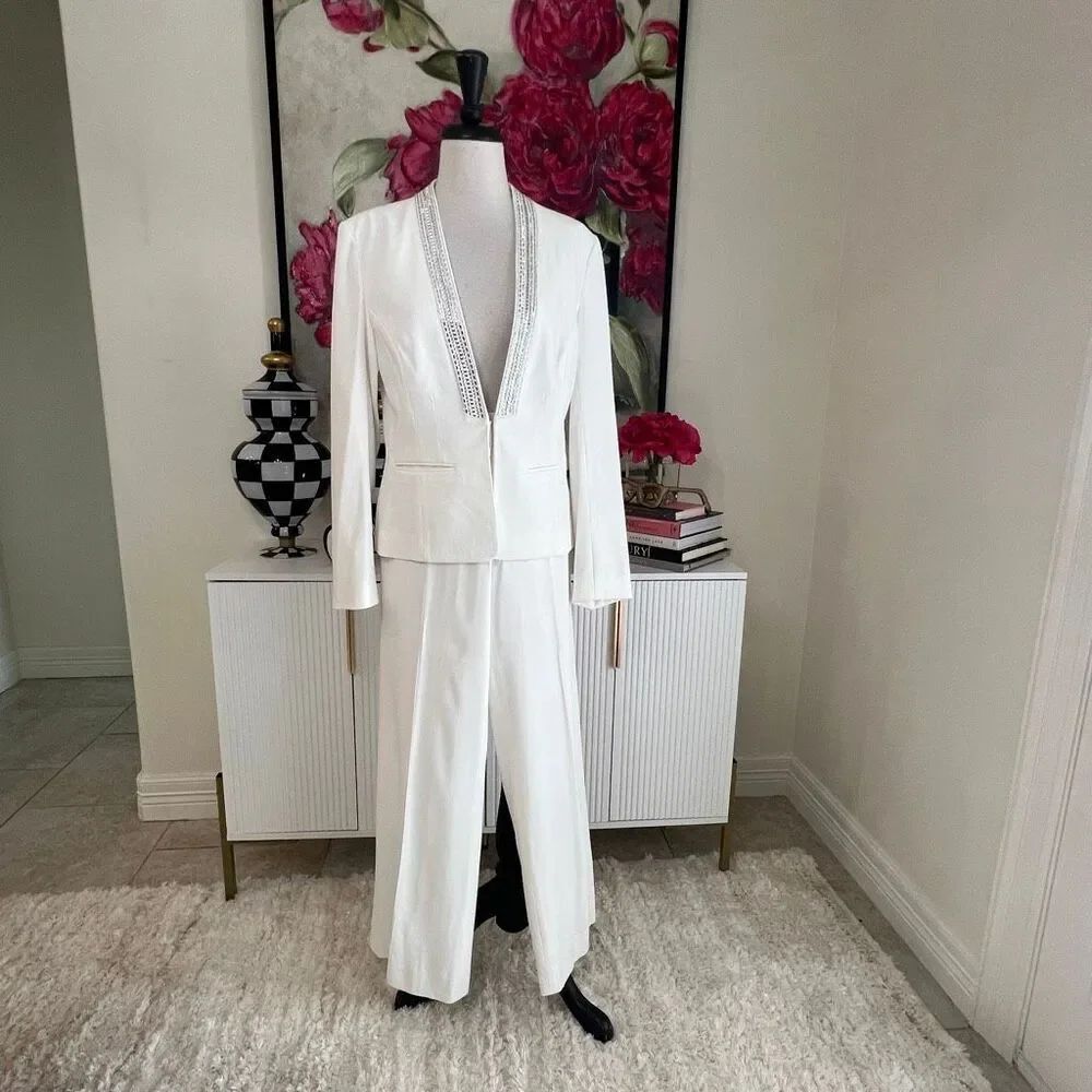Cache Women's Two Piece Studded Long Sleeve Wide Leg Pant Suit Set White Size 10